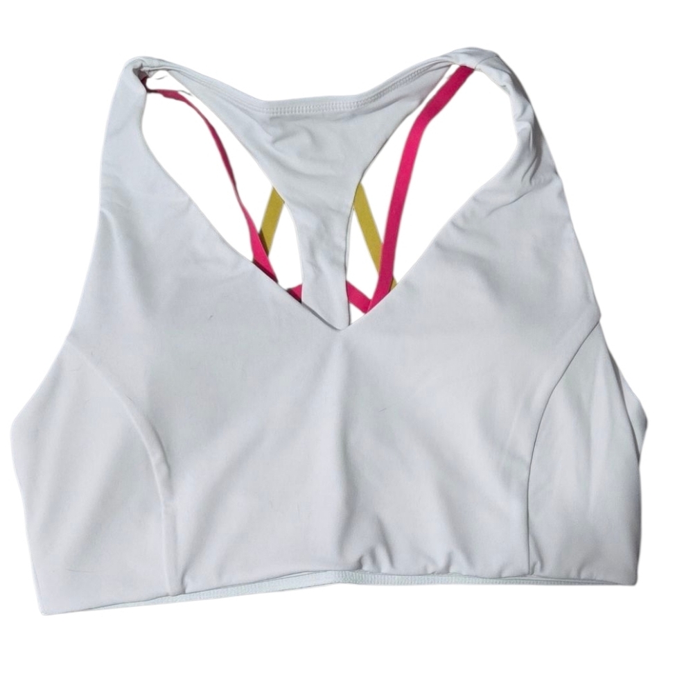 NWT Fabletics White Sports Bra with Pink and Yellow Straps